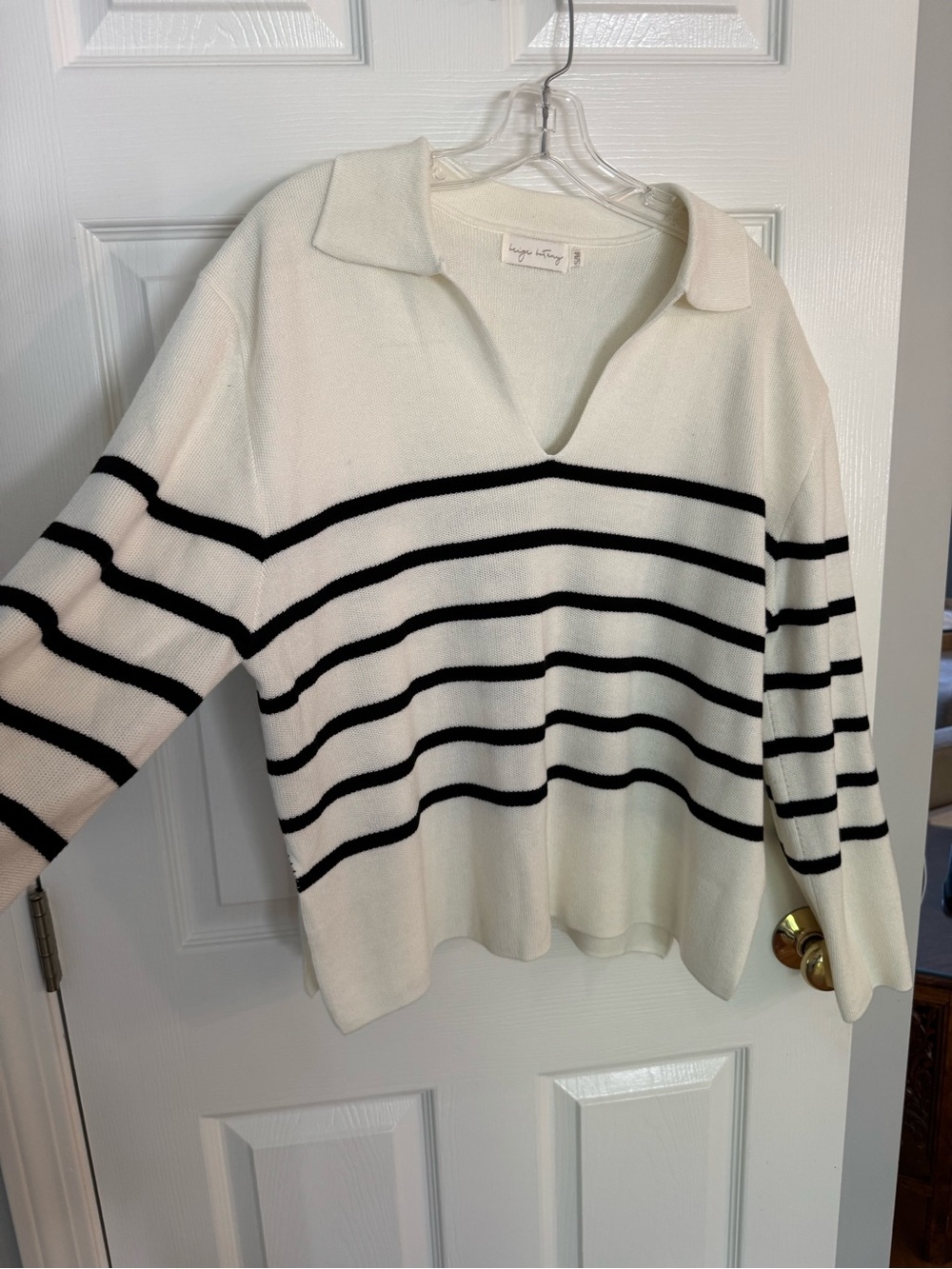 Aritzia Cream and Black Striped V-Neck Sweater